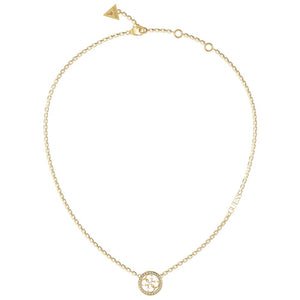 Guess Necklace, Gold Tone Steel, Stone Set Circle 4G Logo SKU 3001605