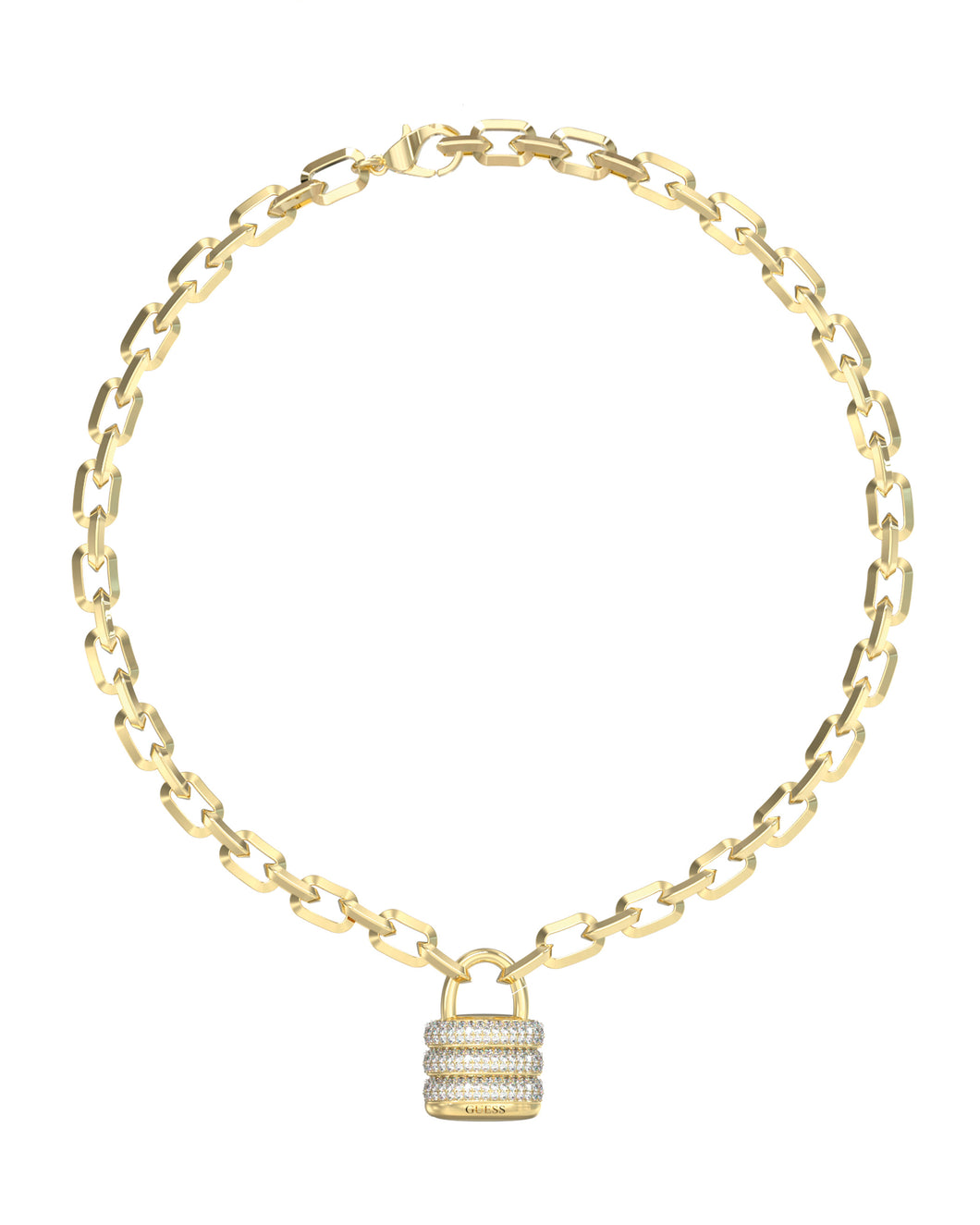 Guess Stainless Steel Gold Tone CZ Padlock Necklace SKU 3001655