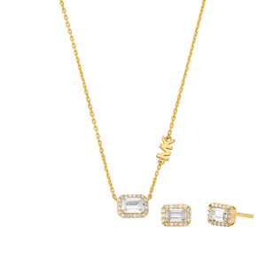 Sterling Silver Gold Finish Rectangle CZ Pendant and Earrings Set SKU 3010081