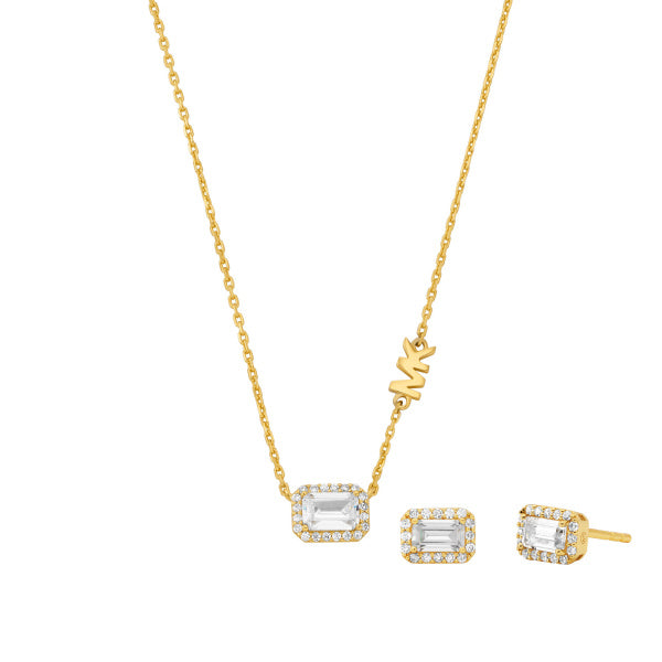 Sterling Silver Gold Finish Rectangle CZ Pendant and Earrings Set SKU 3010081