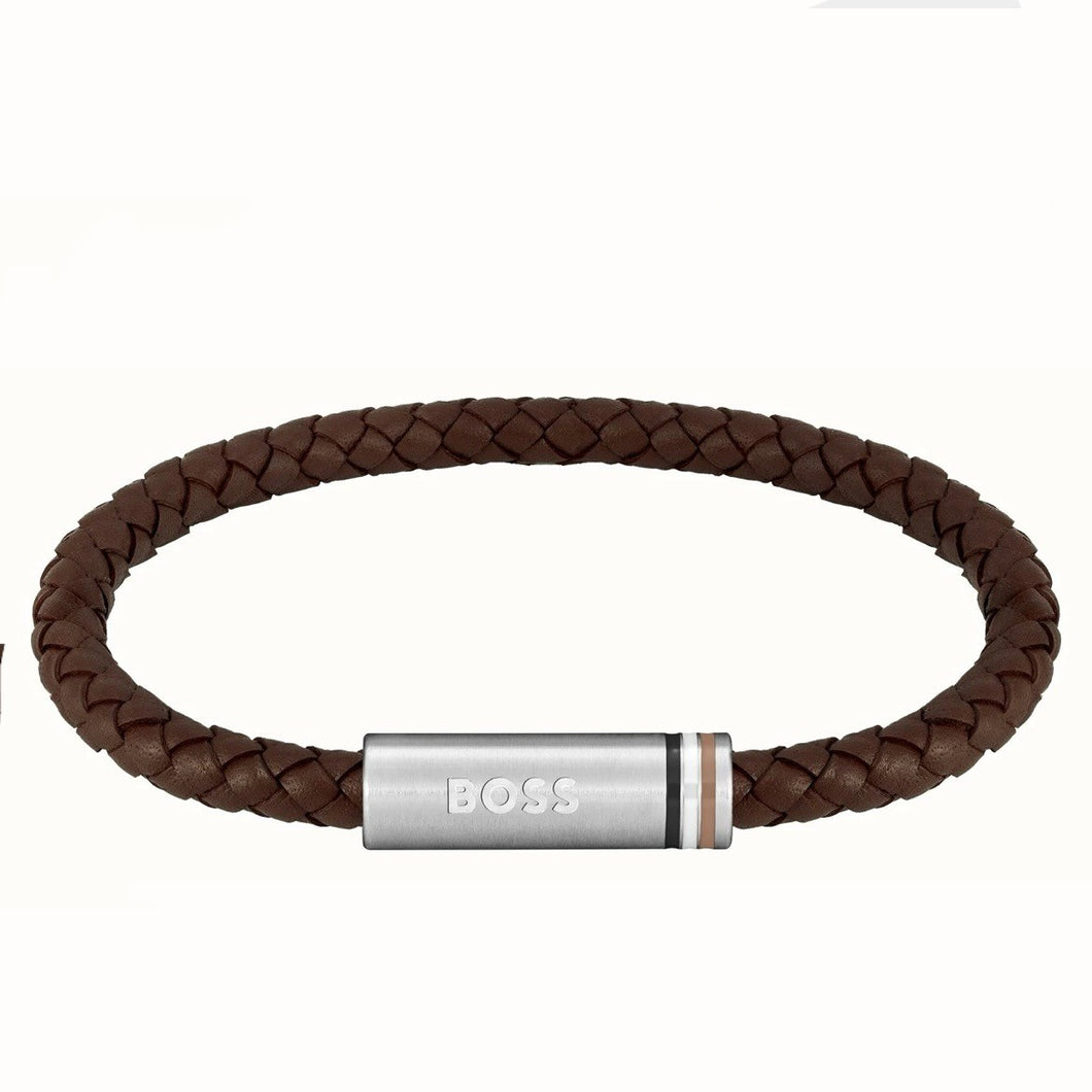 Gents Hugo Boss Brown Leather Plait Stainless Steel Bar Bracelet SKU 3012003