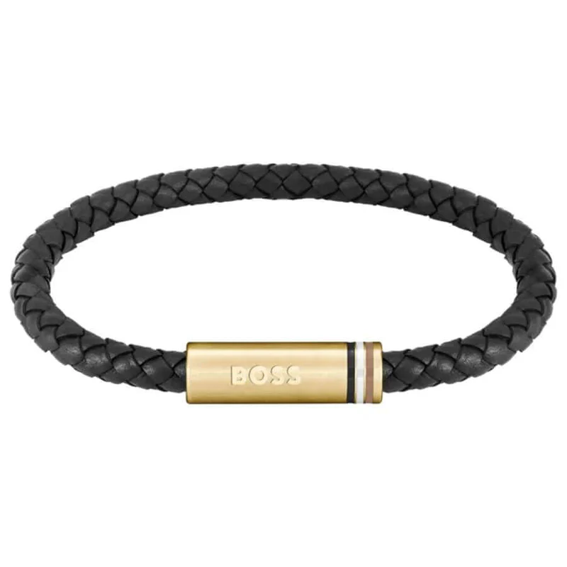 Gents Hugo Boss Black Leather Plait Stainless Steel Gold Tone Bar Bracelet SKU 3012004