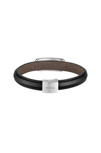 Gents Black Leather and Stainless Steel BOSS Bracelet SKU 3012026