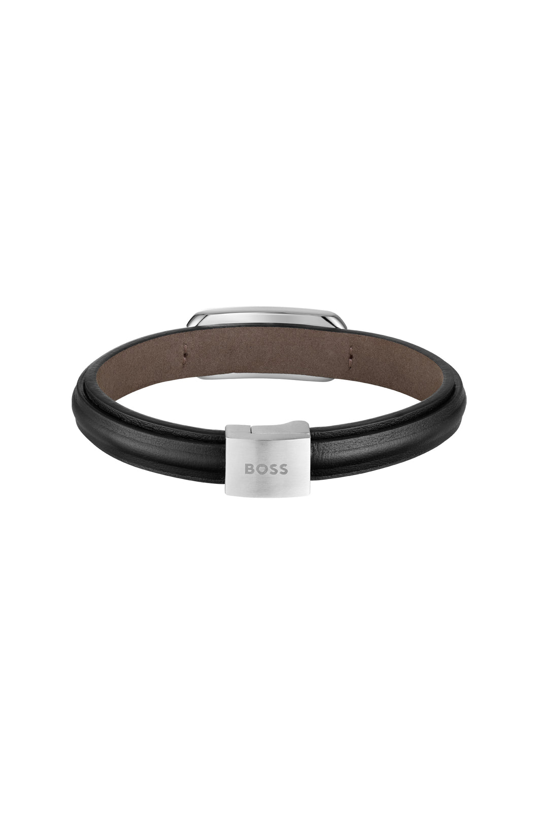 Gents Black Leather and Stainless Steel BOSS Bracelet SKU 3012026