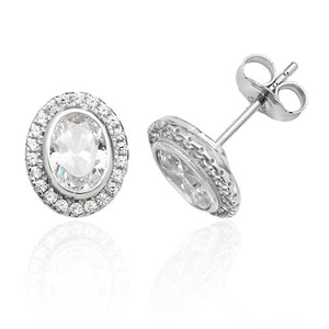 Sterling Silver Rubover Oval Shape Halo CZ Silver & Co Earrings SKU 3043115