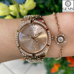 Ladies Guess Watch Stainless Steel Rose Tone, Rose/Stone Set Dial SKU 4001189