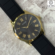 Load image into Gallery viewer, Gents Guess Watch, Black Rubber Strap, Stainless Steel Gold Tone Dial SKU 4001206
