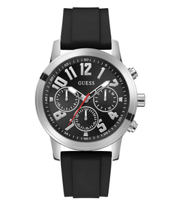 Gents Black Silicone Strap Stainless Steel Silver Tone Case, Black Dial, Mini Dials Guess Watch SKU 4001351