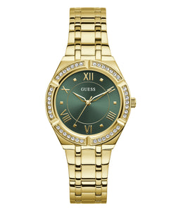 Ladies Stainless Steel Gold Tone, Stone Set Case, Green Dial Guess Watch SKU 4001354