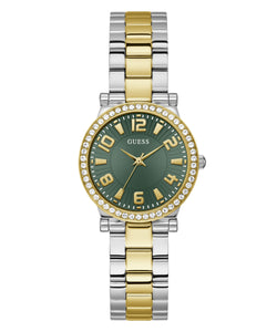 Ladies Stainless Steel Silver &amp; Gold Tone Strap, Green Dial, Stone Set Case Guess Watch SKU 4001355