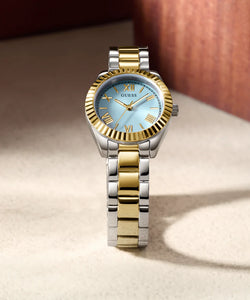 Ladies Stainless Steel 2 Tone Gold Silver Strap, Pale Blue Dial Guess Watch SKU 4001357