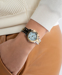 Ladies Stainless Steel 2 Tone Gold Silver Strap, Pale Blue Dial Guess Watch SKU 4001357