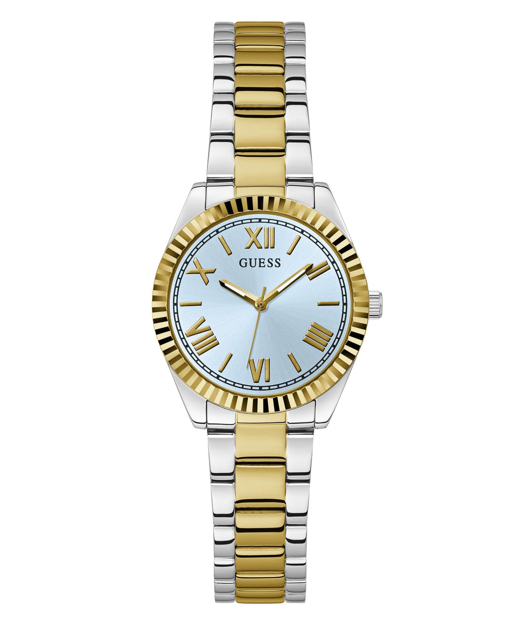 Ladies Stainless Steel 2 Tone Gold & Silver Strap, Pale Blue Dial Guess Watch SKU 4001357