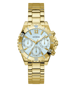 Ladies Stainless Steel Gold Tone Strap, Pale Blue Dial, Mini Dials Guess Watch SKU 4001358