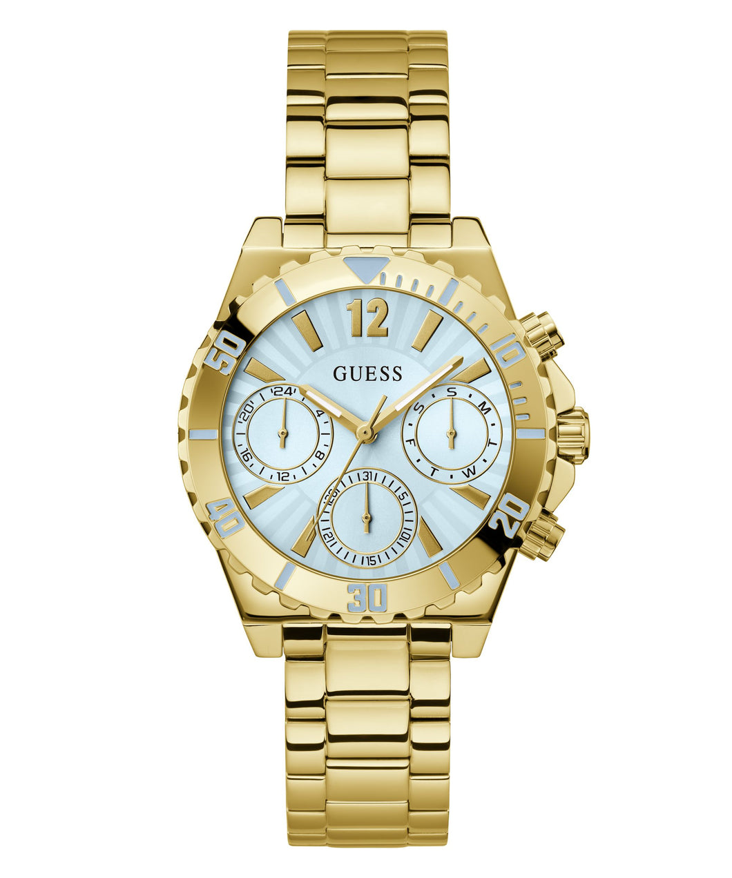Ladies Stainless Steel Gold Tone Strap, Pale Blue Dial, Mini Dials Guess Watch SKU 4001358