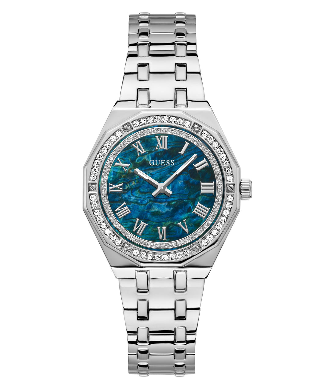 Ladies Guess Watch Blue/Green Fancy Dial, Stainless Steel Silver Tone Strap, Stone Set Case SKU 4001367