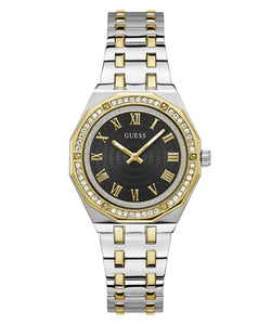 Ladies Guess Watch Black Dial, Stainless Steel Silver & Gold 2 Tone Strap, Stone Set Case SKU 4001368