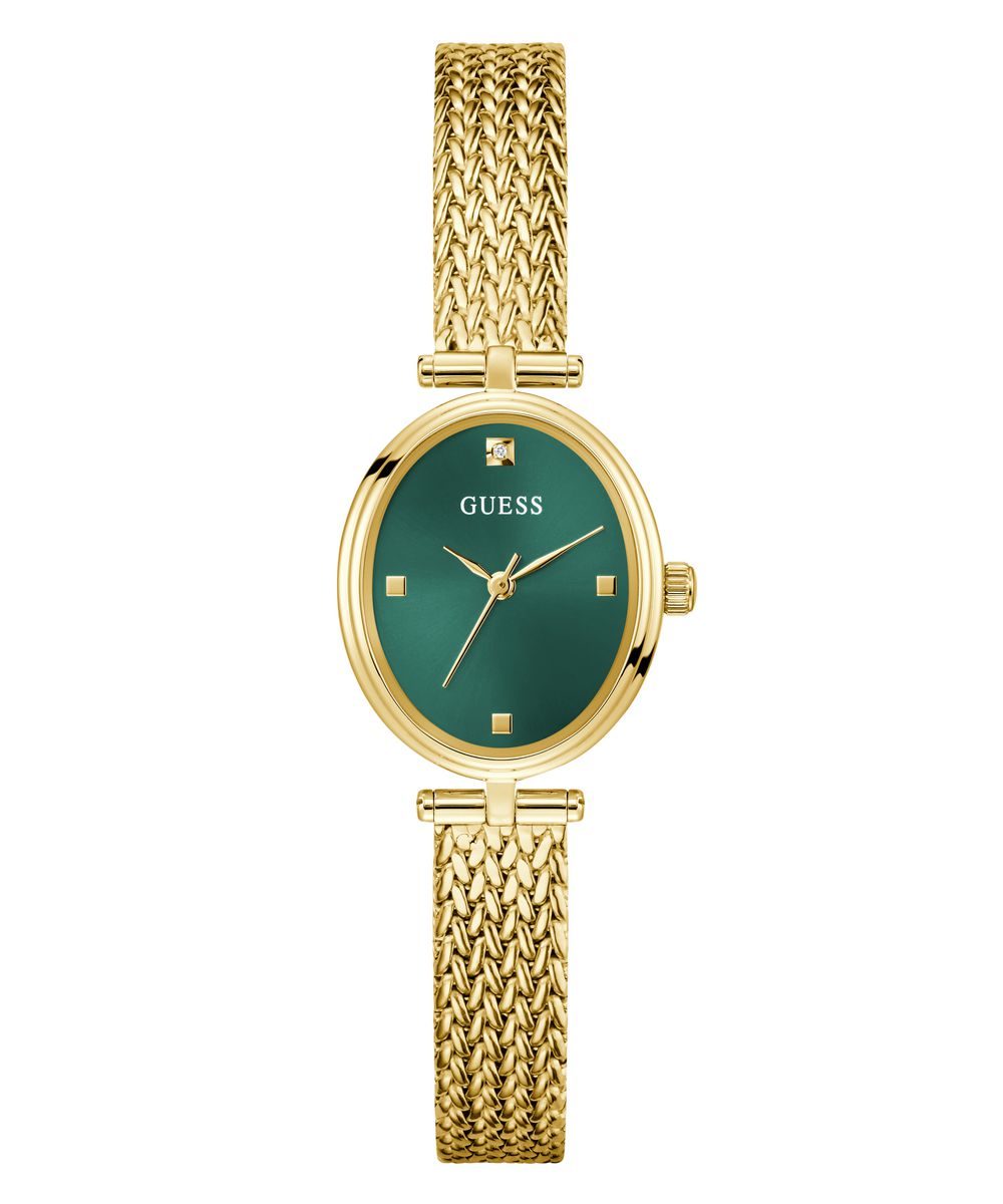 Ladies Guess Watch Stainless Steel Gold Tone Mesh Strap Green Oval Dial Guess Watch SKU 4001397