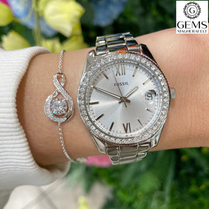 Fossil Ladies Watch Stainless Steel Silver Tone Bracelet Strap Stone Set Case Silver Tone Dial SKU 4002014