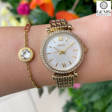 Load image into Gallery viewer, Fossil Stainless Steel Gold Tone Bracelet Strap Stone Set Case MOP Dial SKU 4002036
