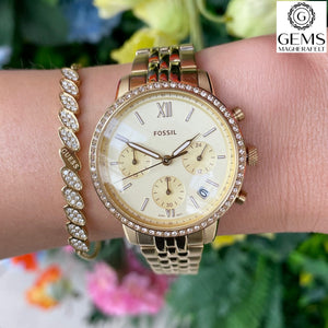 Fossil Ladies Gold Tone Stainless Steel Strap, CZ Case, Date, Mini Dials SKU 4002045