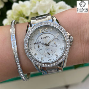 Fossil Ladies Watch Stainless Steel Silver Tone Strap, Silver Dial, Multi Dials SKU 4002133