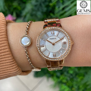 Fossil Ladies Watch Stainless Steel Rose Tone Stone Set Strap, White Dial SKU 4002134