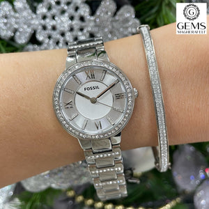 Fossil Ladies Watch Stainless Steel Silver Tone Stone Set Strap, Silver Dial SKU 4002135