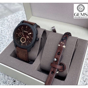 Fossil Gents Watch Brown Leather Strap, Brown Dial, Date, Multi Dials, & Bracelet Set SKU 4002216