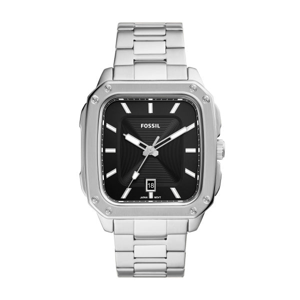 Gents Fossil Watch stainless steel silver tone strap, Black square dial, date SKU 4002310