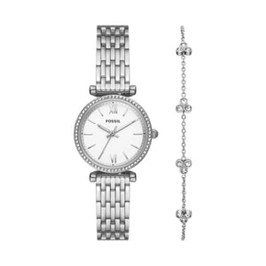 Fossil Ladies Silver Stainless Steel Strap, White Dial, Watch & CZ Bracelet Set SKU 4002312