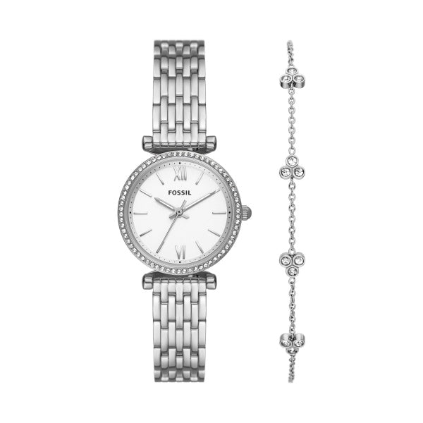 Fossil Ladies Silver Stainless Steel Strap, White Dial, Watch & CZ Bracelet Set SKU 4002312