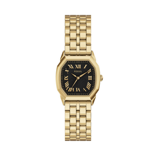 Fossil Ladies Watch Stainless Steel Gold Tone Strap, Black Dial SKU 4002329
