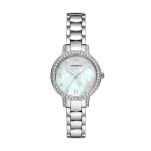 Ladies Armani Watch Stainless steel silver tone strap, MOP dial, Stone Set Case  SKU 4005204