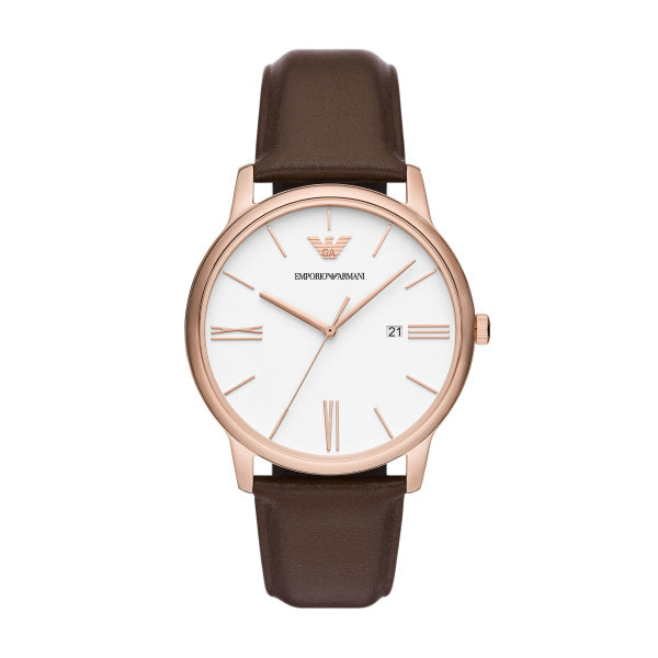 Gents Armani Watch Brown leather strap, white dial, date  SKU 4005206