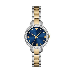 Ladies Armani Watch 2 Tone Stainless Steel Bracelet, Navy Dial, Stone Set Case SKU 4005209