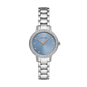 Ladies Stainless Steel Silver Tone Strap, Pale Blue with Rose Ascents Dial Armani Watch SKU 4005210