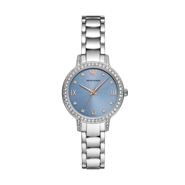 Ladies Stainless Steel Silver Tone Strap, Pale Blue with Rose Ascents Dial Armani Watch SKU 4005210