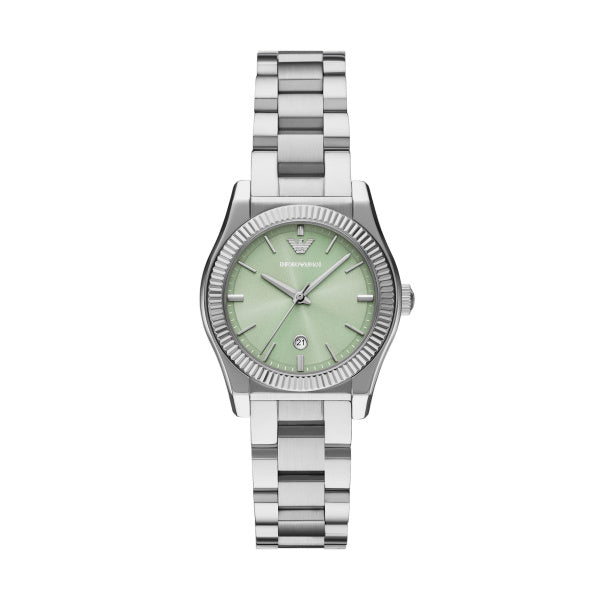 Ladies Armani Watch Stainless Steel Silver Tone strap, green dial, date SKU 4005227