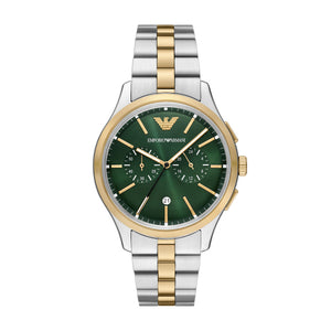 Gents Armani Watch Stainless Steel Silver and Gold Tone Strap, Green dial, date, mini dials SKU 4005232