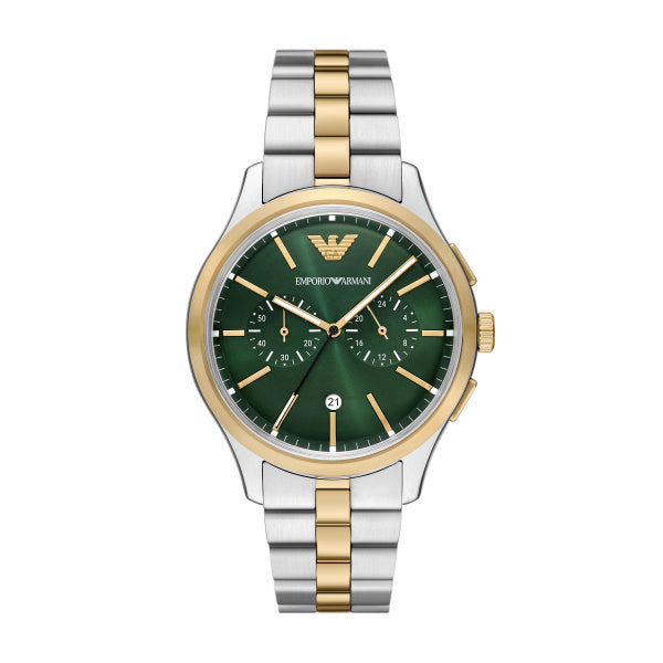 Gents Armani Watch Stainless Steel Silver and Gold Tone Strap, Green dial, date, mini dials SKU 4005232