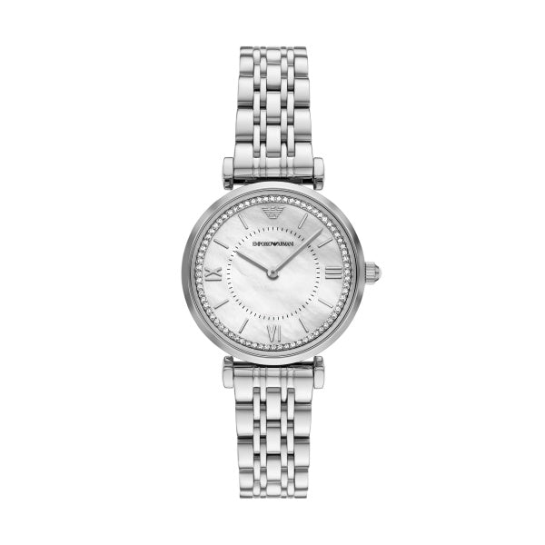 Ladies Armani Watch Stainless Steel Silver Tone Strap, MOP Stone Set dial, SKU 4005234