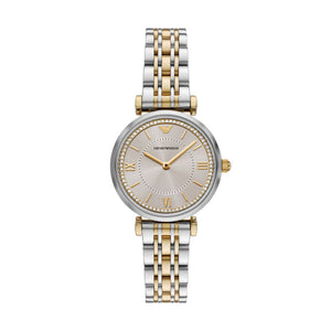 Ladies Armani Watch Stainless Steel Silver and Gold Tone Strap, Brown Stone Set dial, SKU 4005235