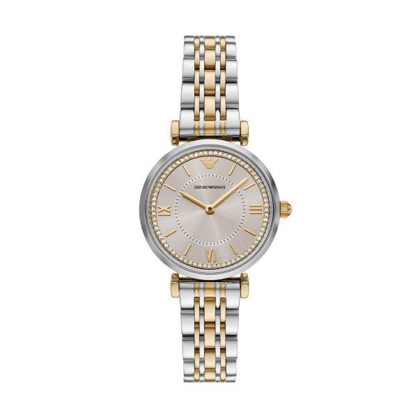 Ladies Armani Watch Stainless Steel Silver and Gold Tone Strap, Brown Stone Set dial, SKU 4005235