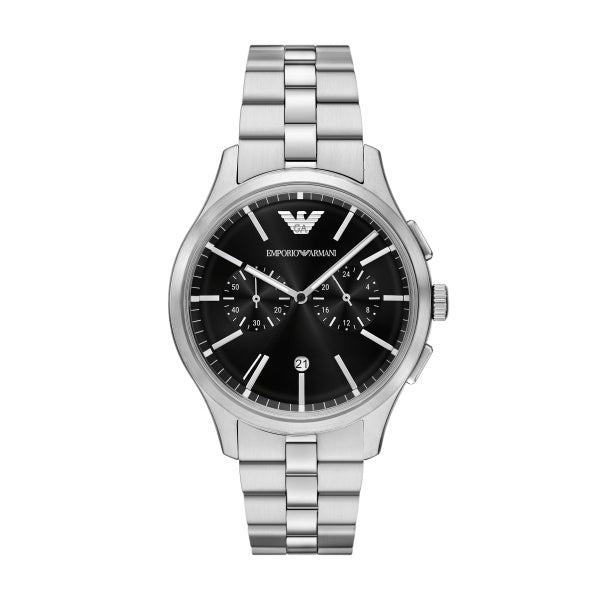 Gents Armani Watch Stainless Steel Silver Tone Strap, Black dial, date, mini dials SKU 4005236