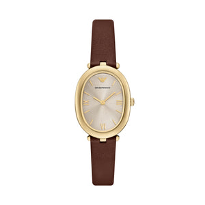 Ladies Armani Watch Stainless Steel Brown Leather Strap, Gold Tone Oval dial, SKU 4005237