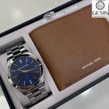 Load image into Gallery viewer, Michael Kors Gents Stainless Steel Silver Tone Watch, Navy Dial, Wallet Set SKU 4010086

