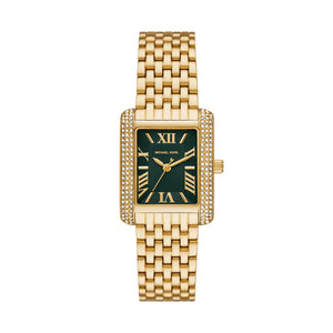 Ladies Michael Kors Watch Stainless Steel Gold Tone Strap, Green Rectangle Dial SKU 4010106