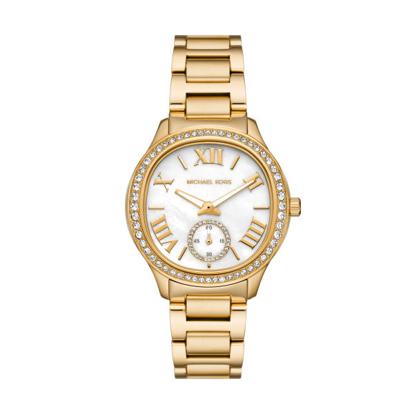 Ladies Stainless Steel Gold Tone Strap, White Dial, Mini Dial Michael Kors Watch SKU 4010109