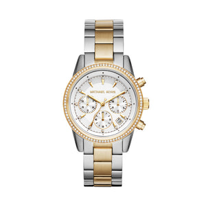 Ladies Michael Kors Stainless Steel Silver and Gold Tone Strap, Date, Mini Dials SKU 4010113